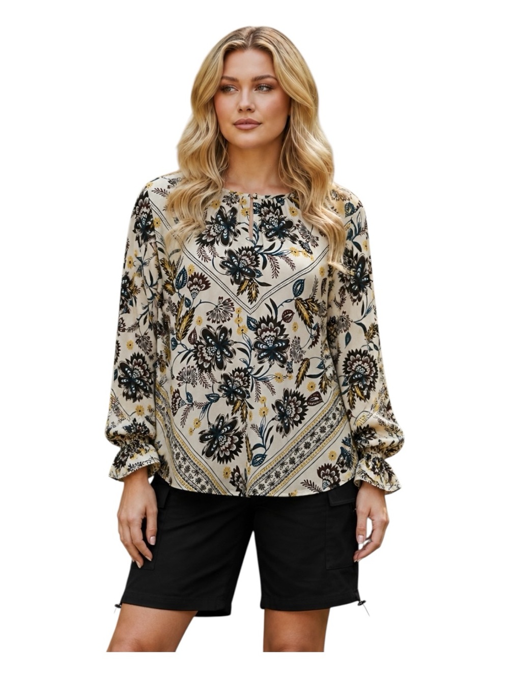 Liz Claiborne Plus Size 2X Cream Floral Long-Sleeve Blouse with Blue & Gold